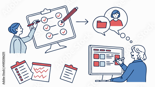 Business workflow illustration planning checklist and digital data entry process