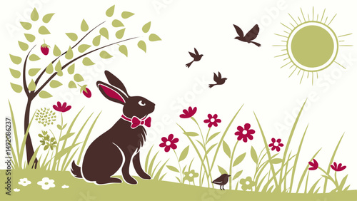 Stylized Easter Bunny in Spring Garden Illustration with Flowers Birds and Sun