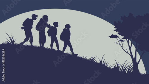 Dark Blue Silhouette Illustration Four People Hiking Uphill Towards Large Sunset Moon Adventure