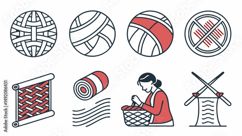 Flat Line Art Icons Set Yarn Balls Weaving Knitting Fabric Person Needles Symbols