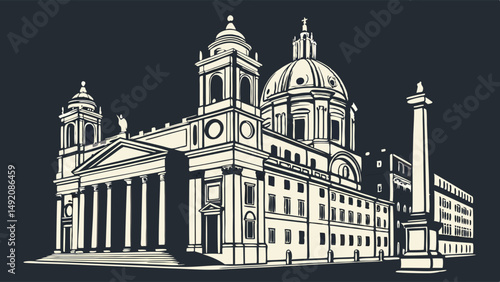 Detailed Illustration of Sant'Agnese in Agone Rome and Column