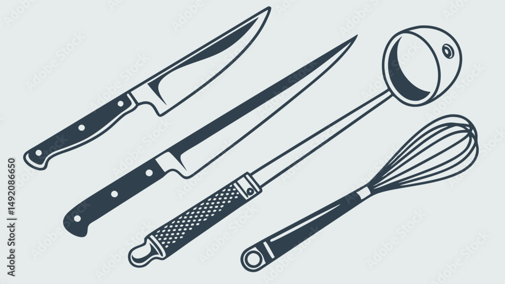 Fototapeta premium Black and White Vector Illustration of Kitchen Utensils Chef Knife Carving Knife Sharpening Steel and Whisk