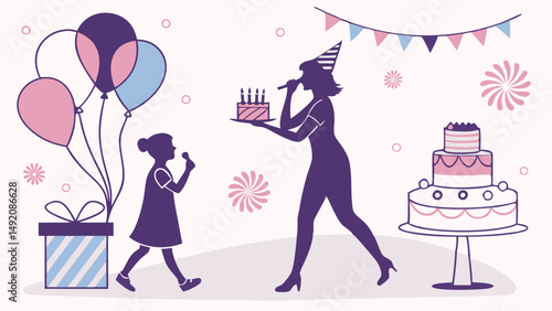 Wallpaper Mural Flat Design Silhouette Birthday Party Illustration of Mother and Daughter with Cake Balloons and Gift Torontodigital.ca
