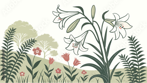 Stylized Vintage Botanical Art of White Lilies, Red Tulips, and Wildflowers in a Garden Landscape