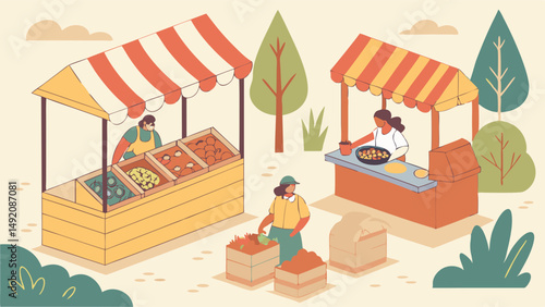 Outdoor Market Scene Flat Illustration with Vendors Selling Food and Produce from Stalls