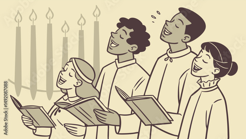 Sepia toned illustration of a diverse choir singing Hanukkah songs near a lit menorah