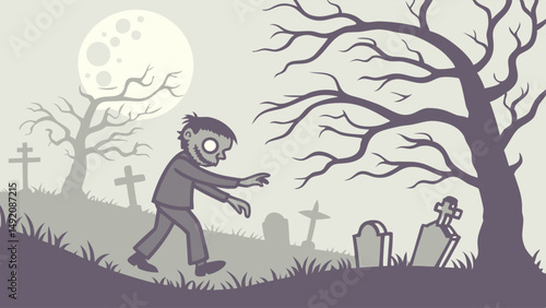 Spooky Cartoon Zombie Illustration Walking Through Dark Graveyard at Night with Gravestones and Full Moon