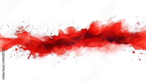 Abstract red watercolor painting with splatters and streaks on white background.  Dynamic, energetic, expressive composition
