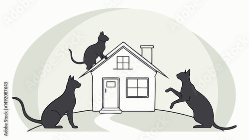 Simple Illustrated Home Scene Three Black Cats Playing Sitting and on Roof Drawing