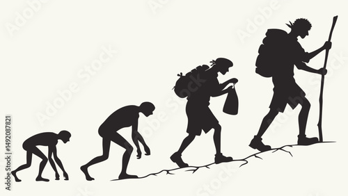 Evolution Stages Journey Silhouette Climbing Uphill Path with Backpack
