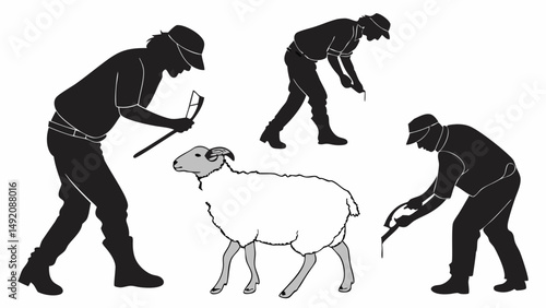 Rural Farm Scene Black and White Silhouette Illustration of Farmers Shearing Sheep