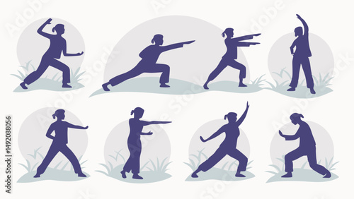 Tai Chi Exercise Silhouettes Flat Vector Illustration Set