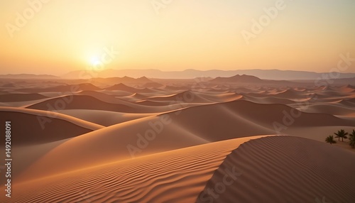 Fototapeta Naklejka Na Ścianę i Meble -  Desert Sand Dunes at Sunset with Golden Light and Rolling Hills