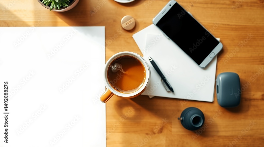 Naklejka premium Cozy Morning Workspace with Coffee, Notebook, and Smartphone, Work From Home - AI Generated