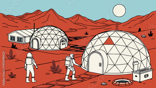Retro style illustration of astronauts at a Mars colony with geodesic dome habitats on the red planet