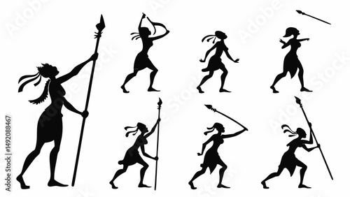 Black White Silhouette Ancient Tribal Figure Spear Throwing Sequence
