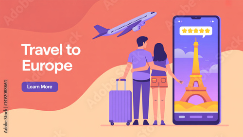 colorful vector-style digital illustration promoting travel to Europe.