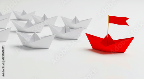 Free Download A red paper boat leading a group of white paper boats on a plain white surface with a red flag on it - GFXLoad