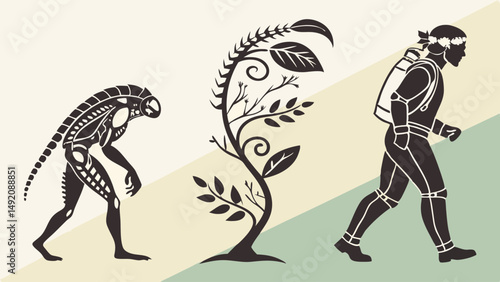 Vector illustration evolution sequence alien plant future human journey