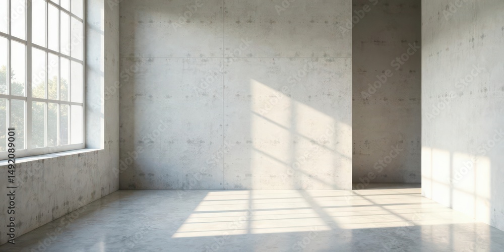 Obraz premium Sunlit Industrial Interior Room with Large Window and Concrete Walls