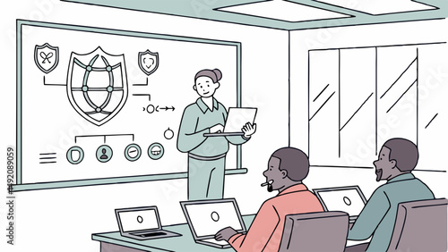 Simple Illustration of Classroom Cybersecurity Training Woman Presents Network Security Diagram on Whiteboard