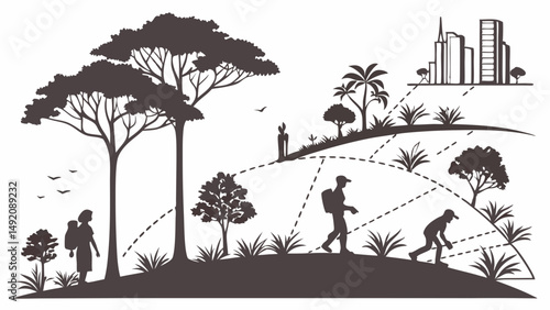 Human Evolution Journey Silhouette Graphic Art Depicting Progress from Nature to City Landscape