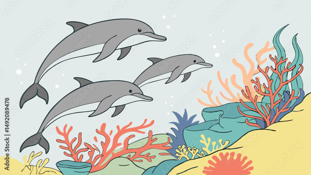 Naklejka premium Simple Cartoon Illustration of Three Dolphins Swimming Underwater by Colorful Coral Reef and Rocks