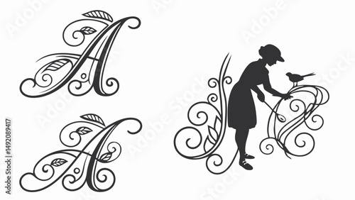 Ornate Letter A and Black Silhouette Woman with Bird Elegant Vintage Scrollwork