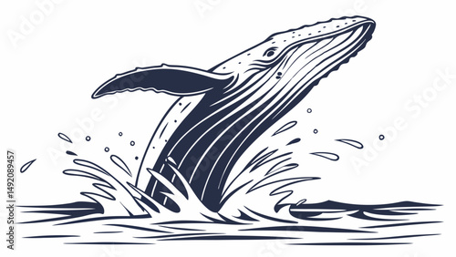 Highly Detailed Vintage Engraving Style Illustration of a Humpback Whale Breaching from the Ocean with Water Splash