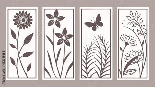Set of 4 Vertical Nature Panels Line Art Flowers Butterfly Botanical Stencils Wall Decor Laser Cut Design