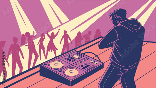 DJ Performing Live Set at Nightclub Party with Dancing Crowd Stage Lights Vector Art