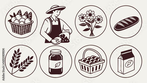 Illustration of Farming and Food Icons Farmer Produce Agriculture and Fresh Goods Line Art