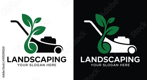 Landscaping Service Logo Bold Black Mower Plant Design for Outdoor Professionals