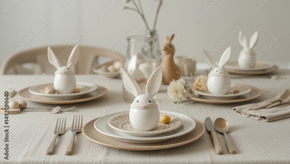 Elegant Easter Table Setting with Bunny Egg Decorations and Soft Neutral Tones Elegant Easter Table Setting with Bunny Egg Decorations and Soft Neutral Tones