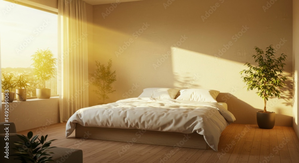 Fototapeta premium Sunlit bedroom with large bed, plants, and hardwood floors. Warm, minimalist design