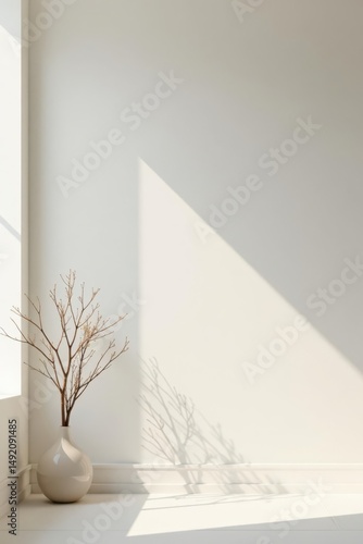 Serene Minimalist Interior Design Featuring a Dried Branch Arrangement in a Simple Vase  Cast Shadows on a Pristine White Wall