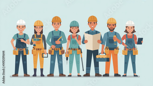 vector illustration of six diverse construction professionals standing in a row, including male and female workers.