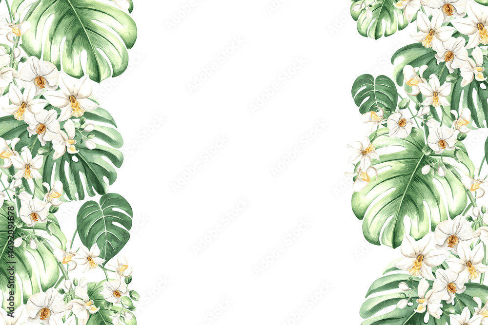 Naklejka premium Watercolor tropical leaves and orchid flowers isolated frame. Postcard rainforest template with copy space. Hand drawn illustration of monstera, phalaenopsis and lush foliage of exotic jungle plants.