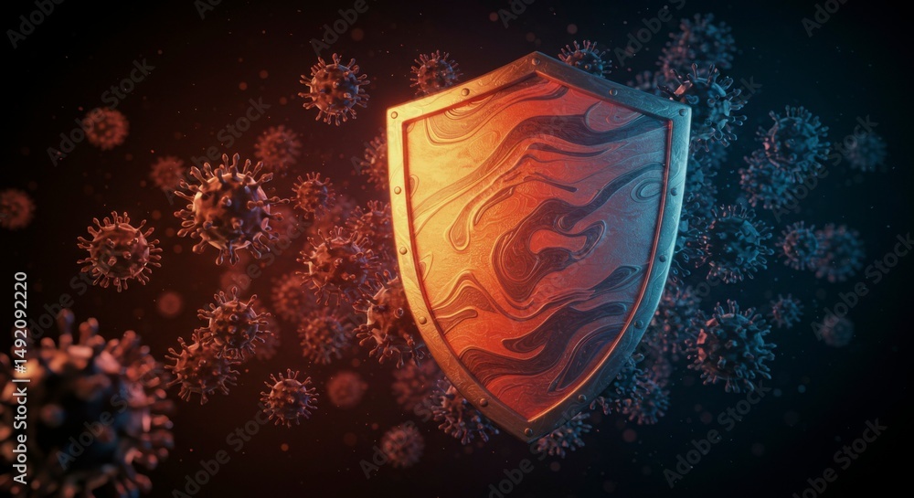 Fototapeta premium A protective shield stands against a swarm of microscopic viruses, symbolizing defense against infection