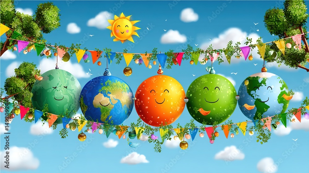Five cartoon Earths with happy faces hang among colorful flags and greenery under a bright sun in a cheerful, festive sky. Five cartoon Earths with happy faces hang among colorful flags and greenery under a bright sun in a cheerful, festive sky.