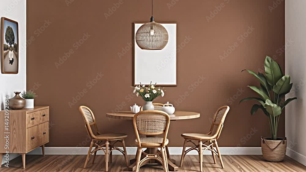 a vintage inspired dining room evokes a sense of nostalgia and artistic flair. the brown wall provides a solid foundation for the space, its neutral color allowing the bohemian elements to shine