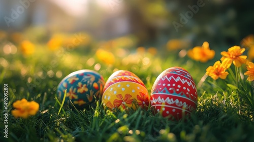 Colorful decorated easter eggs on grass with yellow flowers in sunlight