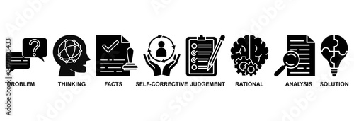 Critical thinking icon set vector illustration concept for the analysis of facts with an icon of problem, thinking, facts, self-corrective, judgment, rational, analysis, and solution