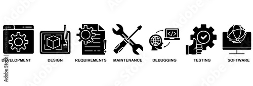 Agile icon set vector illustration concept with icon of development, design, requirements, maintenance, debugging, testing and software