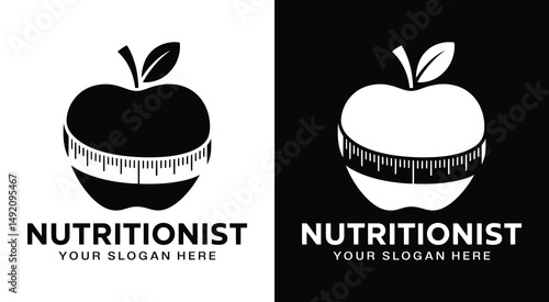 Nutritionist Logo Bold Black Apple Tape Symbol for Health Coaching and Diet Planning Services