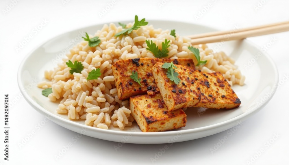 Close up of delicious grilled tofu cubes served over brown rice and fresh parsley on white plate Close up of delicious grilled tofu cubes served over brown rice and fresh parsley on white plate