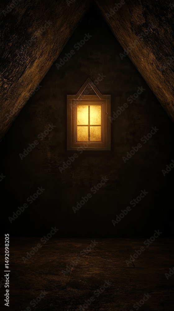 Dimly lit attic room window Dimly lit attic room window