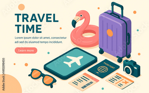 vector-style illustration of travel essentials arranged on a light background.