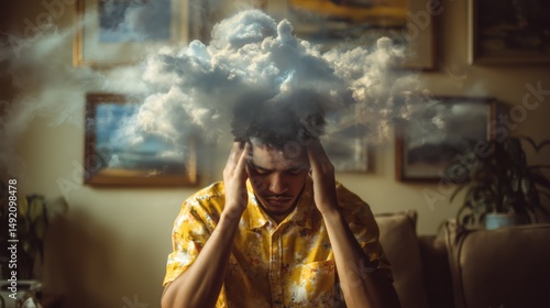 A person struggles with inner turmoil as clouds swirl above their head, representing confusion and stress in a modern lifestyle.