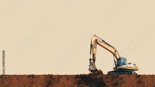 A powerful excavator digging earth on a construction site, showcasing machinery in action against a neutral background.